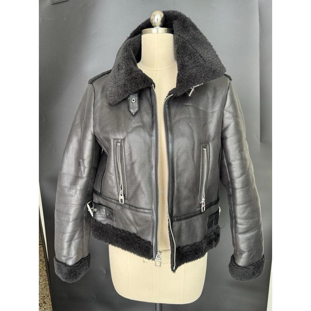 Kensie Black Moto Motorcycle Jacket Sherpa Shearing Faux Leather Trim  Sz Small